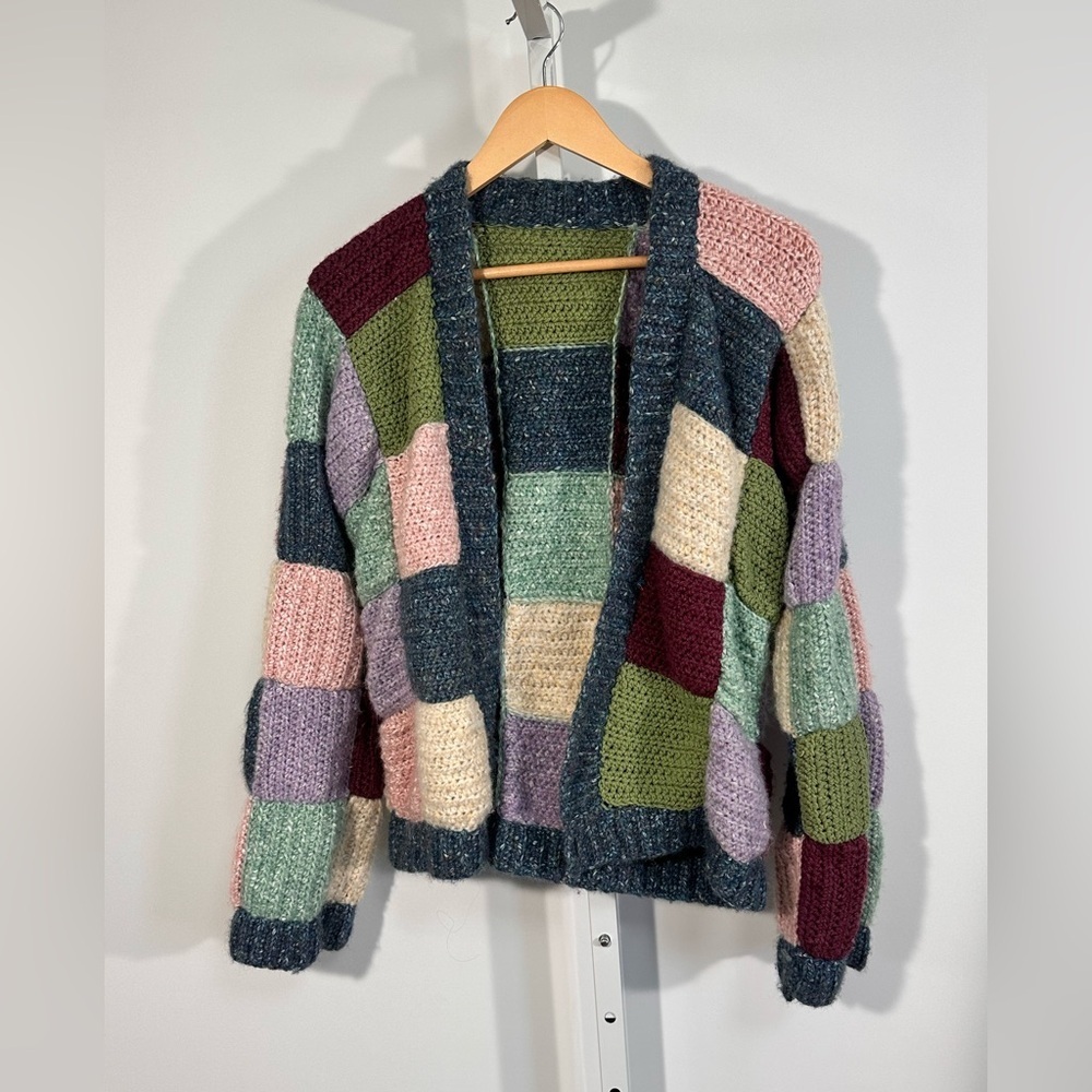 handmade crochet patchwork cardigan multicolor pastel cottagecore knit small
